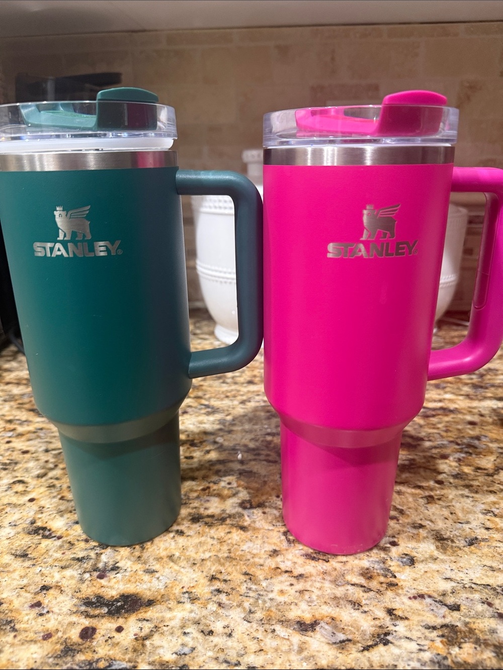 Two 40 oz Stanley Teal & Hot Pink Insulated Travel Mugs with Handles- no straws